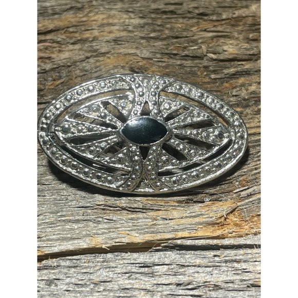 Vintage Oval Marcasite Brooch Black Onyx Center Stone 1.5” x .5” - Picture 1 of 3
